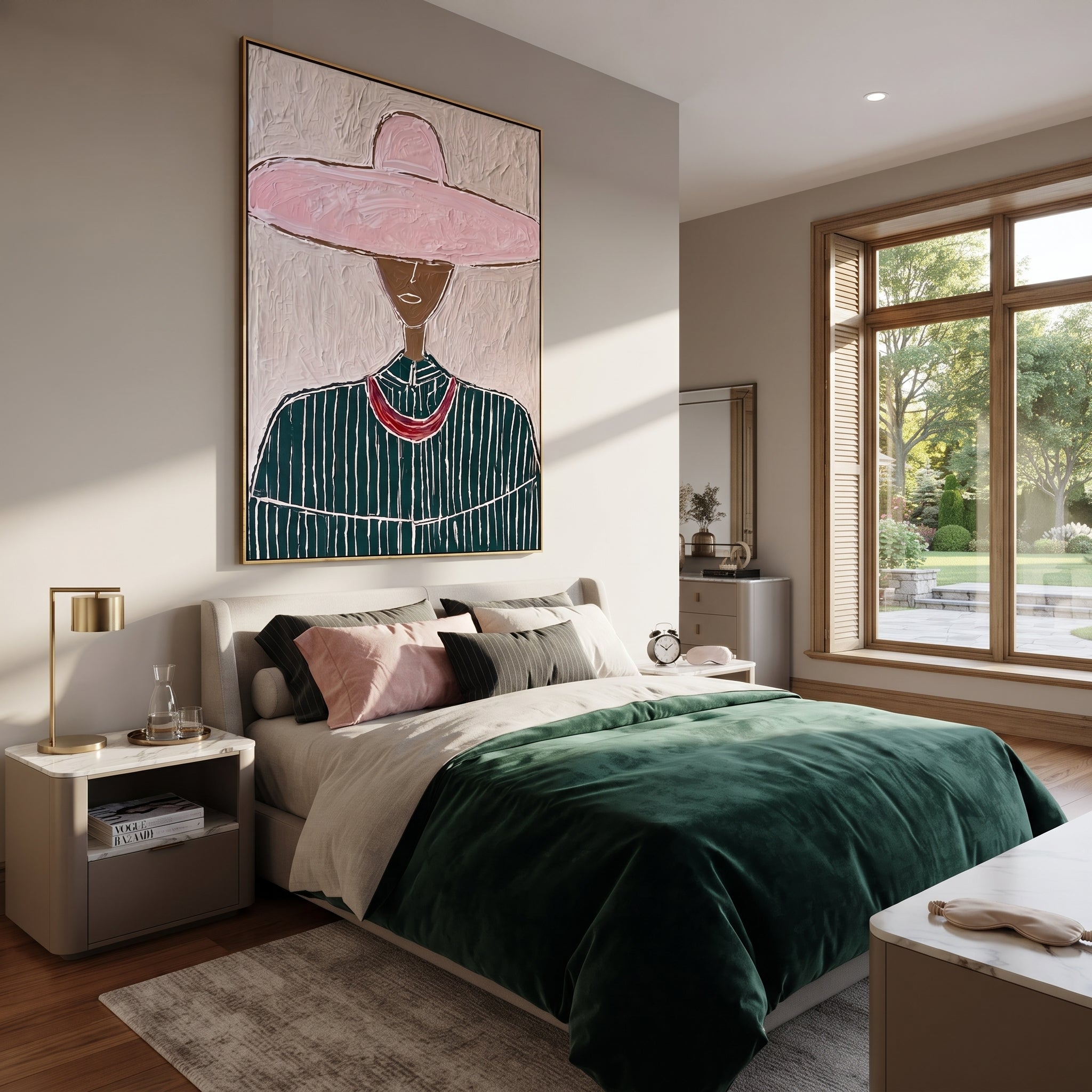 Pink Circle Crowns Green - green pinstripe figure painting by Elliot Vale, modern figurative vertical wall art - styled room scene view 5