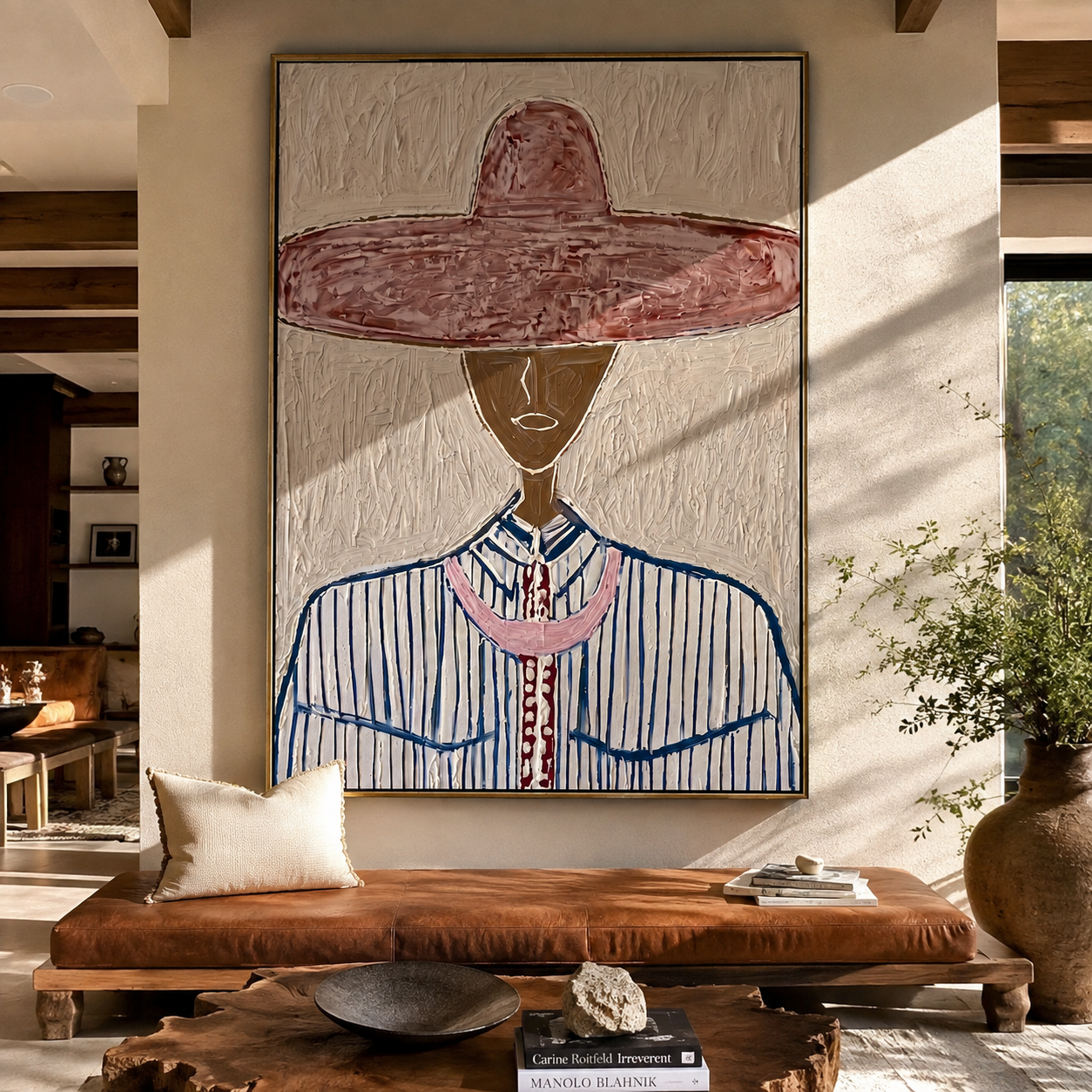 Wine Brim Meets Blue - blue pinstripe figure painting by Elliot Vale, modern figurative vertical wall art - styled room scene view 1