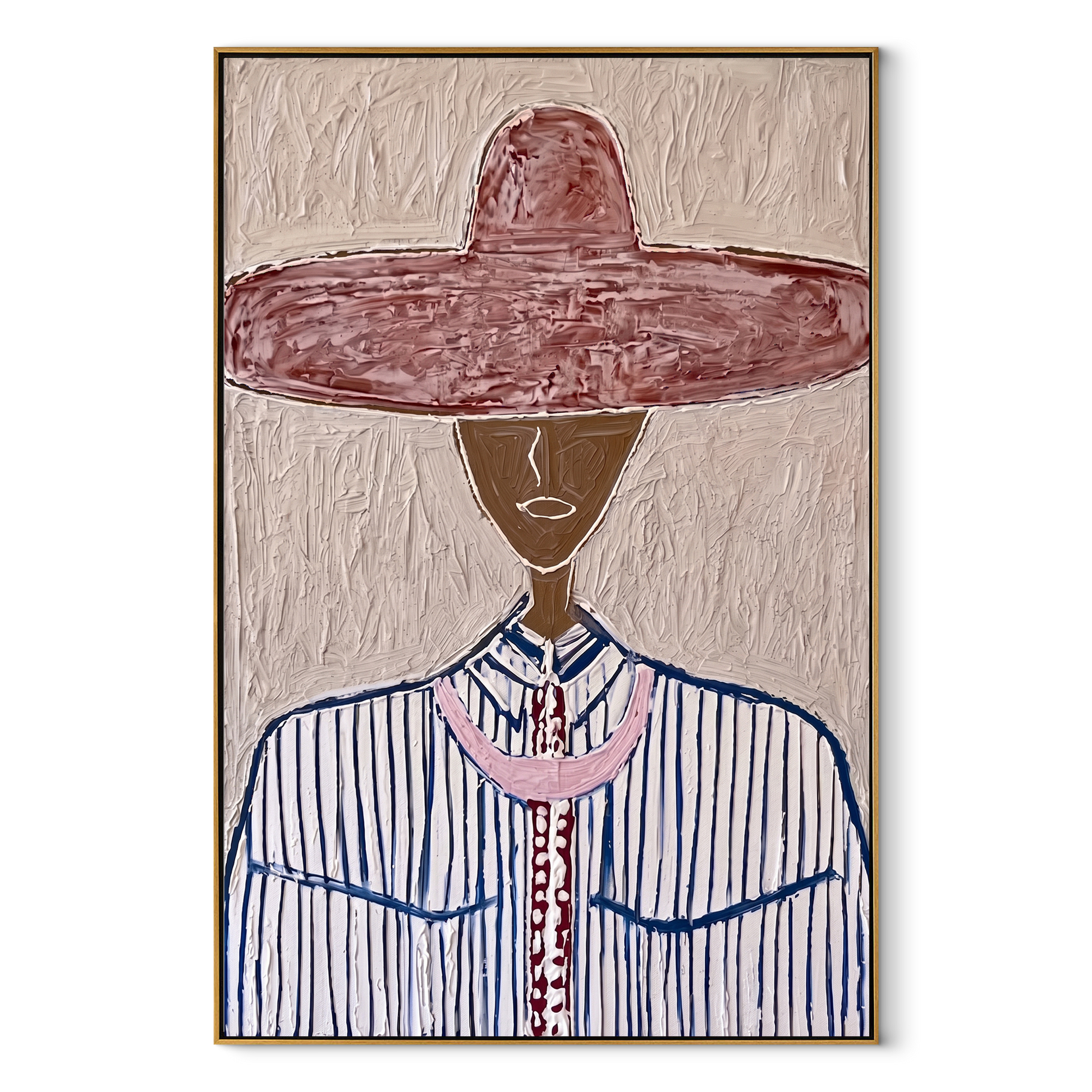 Wine Brim Meets Blue - blue pinstripe figure painting by Elliot Vale, modern figurative vertical wall art - wood frame on white background