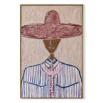 Wine Brim Meets Blue - blue pinstripe figure painting by Elliot Vale, modern figurative vertical wall art - wood frame on white background