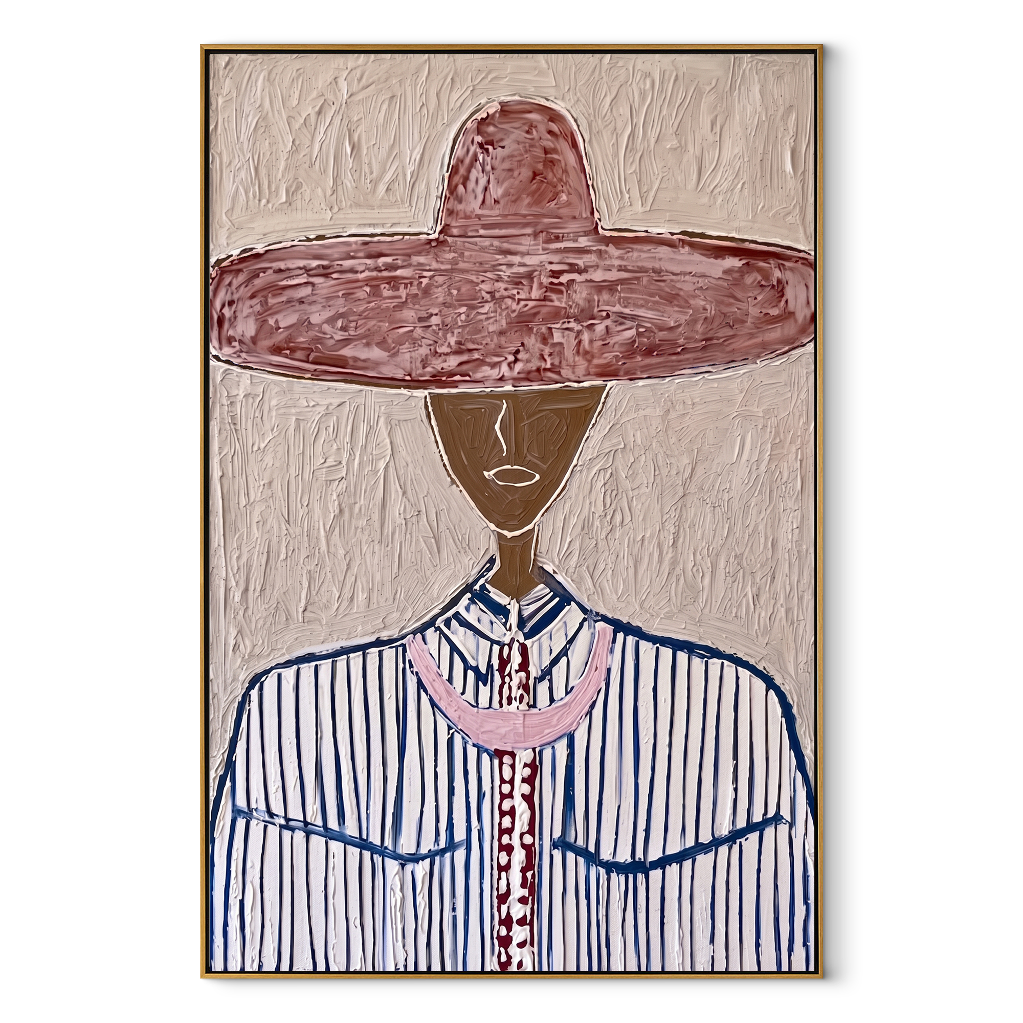 Wine Brim Meets Blue - blue pinstripe figure painting by Elliot Vale, modern figurative vertical wall art - wood frame on white background