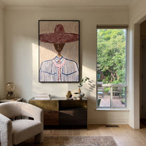 Wine Brim Meets Blue - blue pinstripe figure painting by Elliot Vale, modern figurative vertical wall art - styled room scene view 2