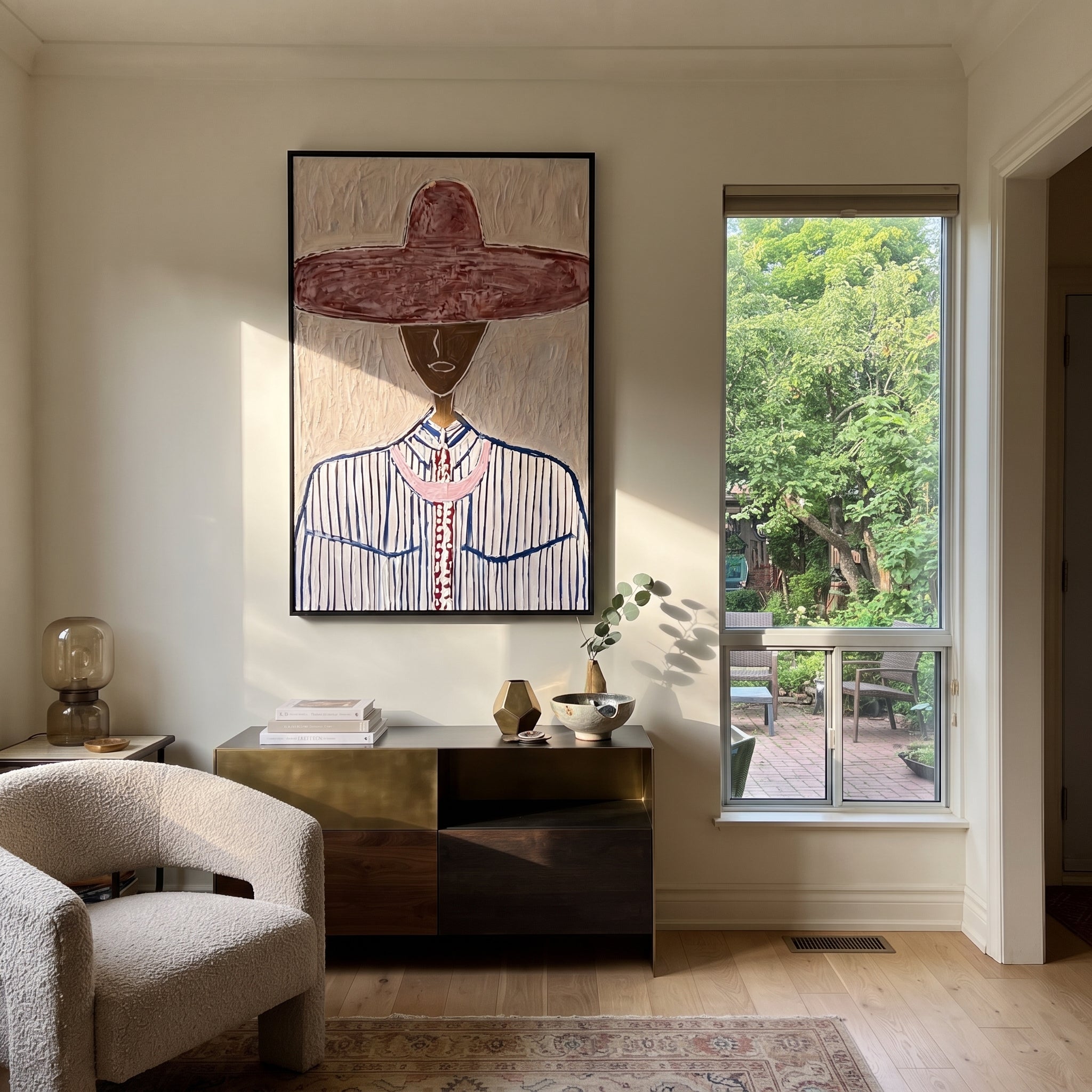Wine Brim Meets Blue - blue pinstripe figure painting by Elliot Vale, modern figurative vertical wall art - styled room scene view 2