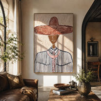 Wine Brim Meets Blue - blue pinstripe figure painting by Elliot Vale, modern figurative vertical wall art - styled room scene view 3