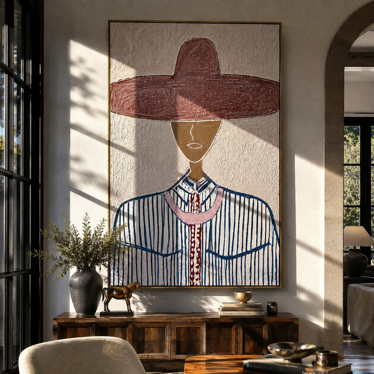 Wine Brim Meets Blue - blue pinstripe figure painting by Elliot Vale, modern figurative vertical wall art - styled room scene view 4