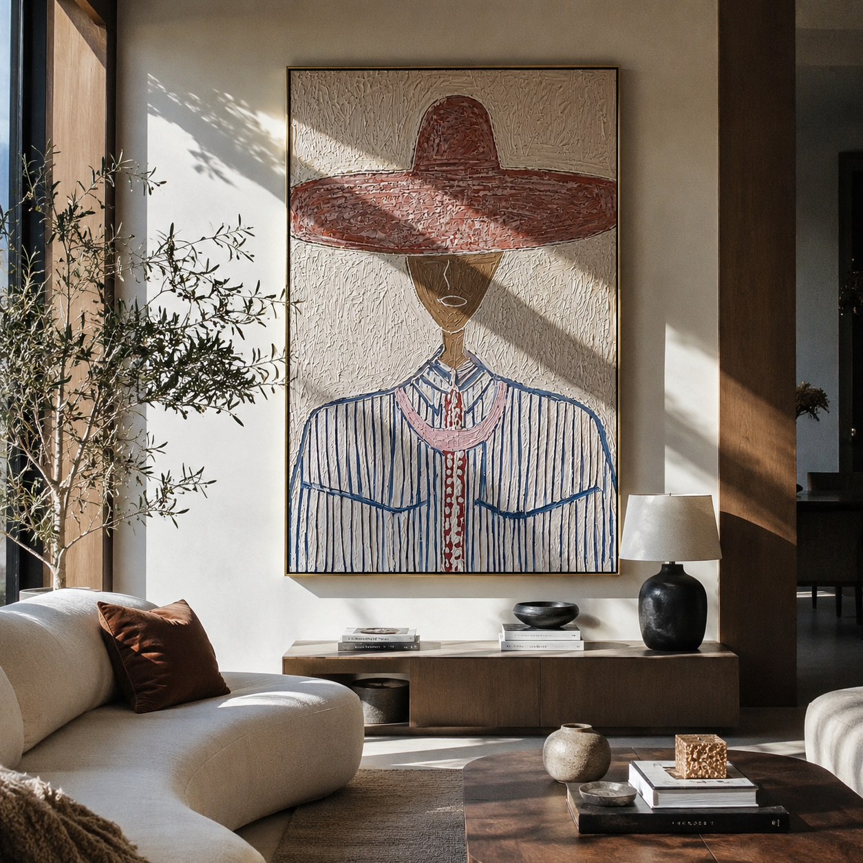 Wine Brim Meets Blue - blue pinstripe figure painting by Elliot Vale, modern figurative vertical wall art - styled room scene view 5