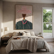 Rose Brim Guards Forest - green pinstripe figure painting by Elliot Vale, modern figurative vertical wall art - styled room scene view 1