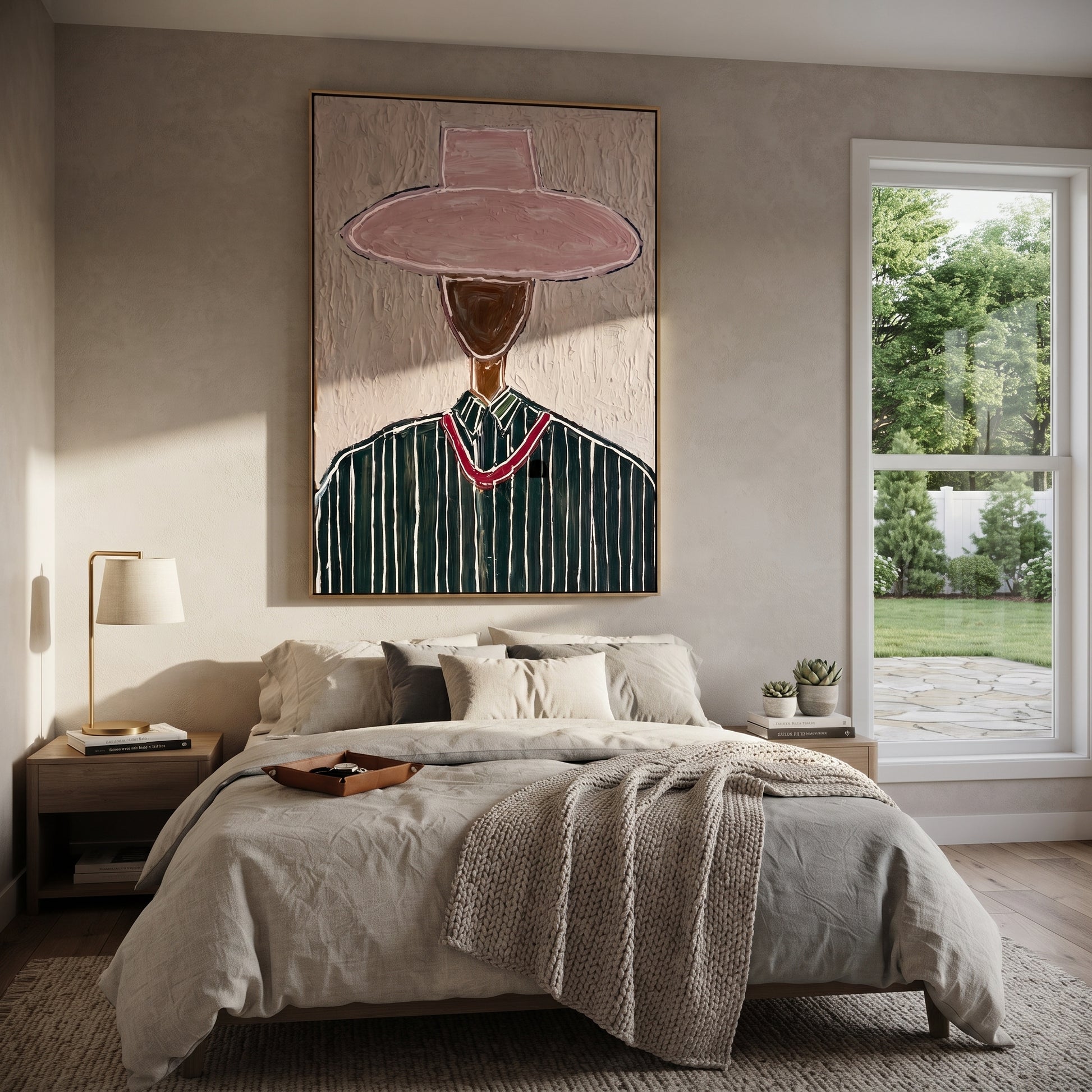 Rose Brim Guards Forest - green pinstripe figure painting by Elliot Vale, modern figurative vertical wall art - styled room scene view 1