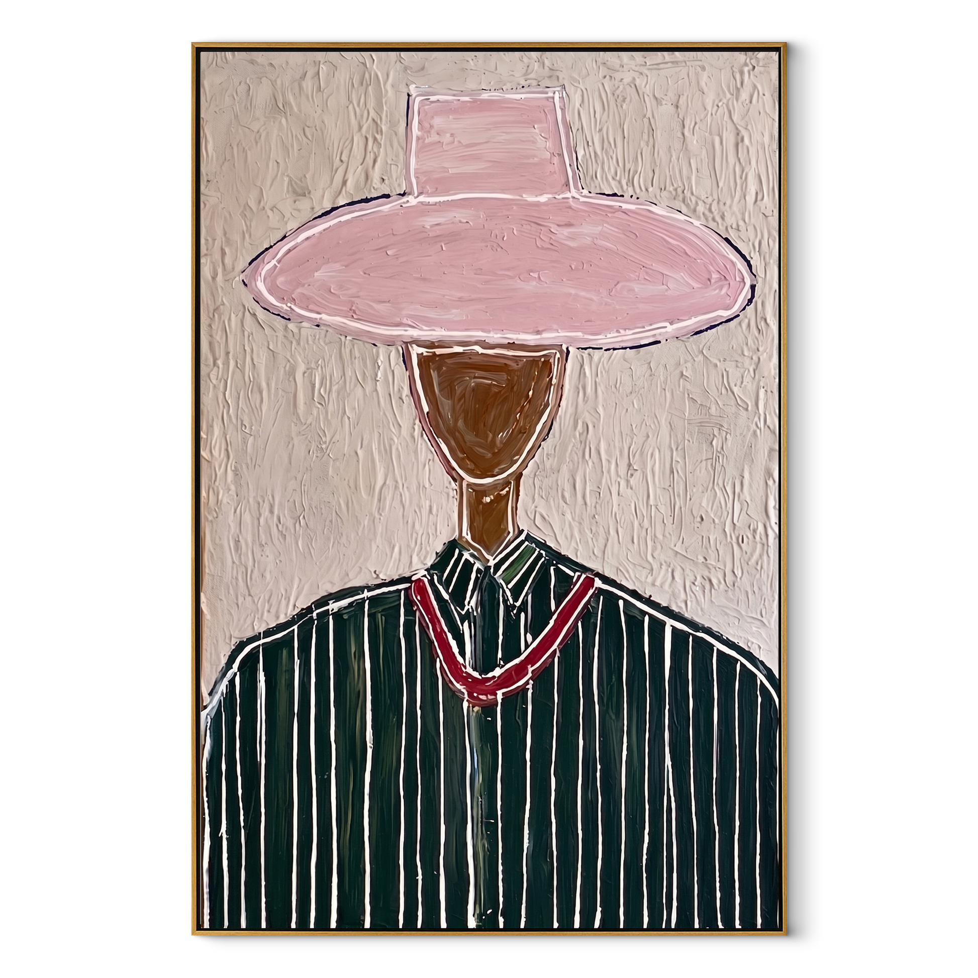 Rose Brim Guards Forest - green pinstripe figure painting by Elliot Vale, modern figurative vertical wall art - wood frame on white background