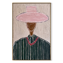 Rose Brim Guards Forest - green pinstripe figure painting by Elliot Vale, modern figurative vertical wall art - wood frame on white background