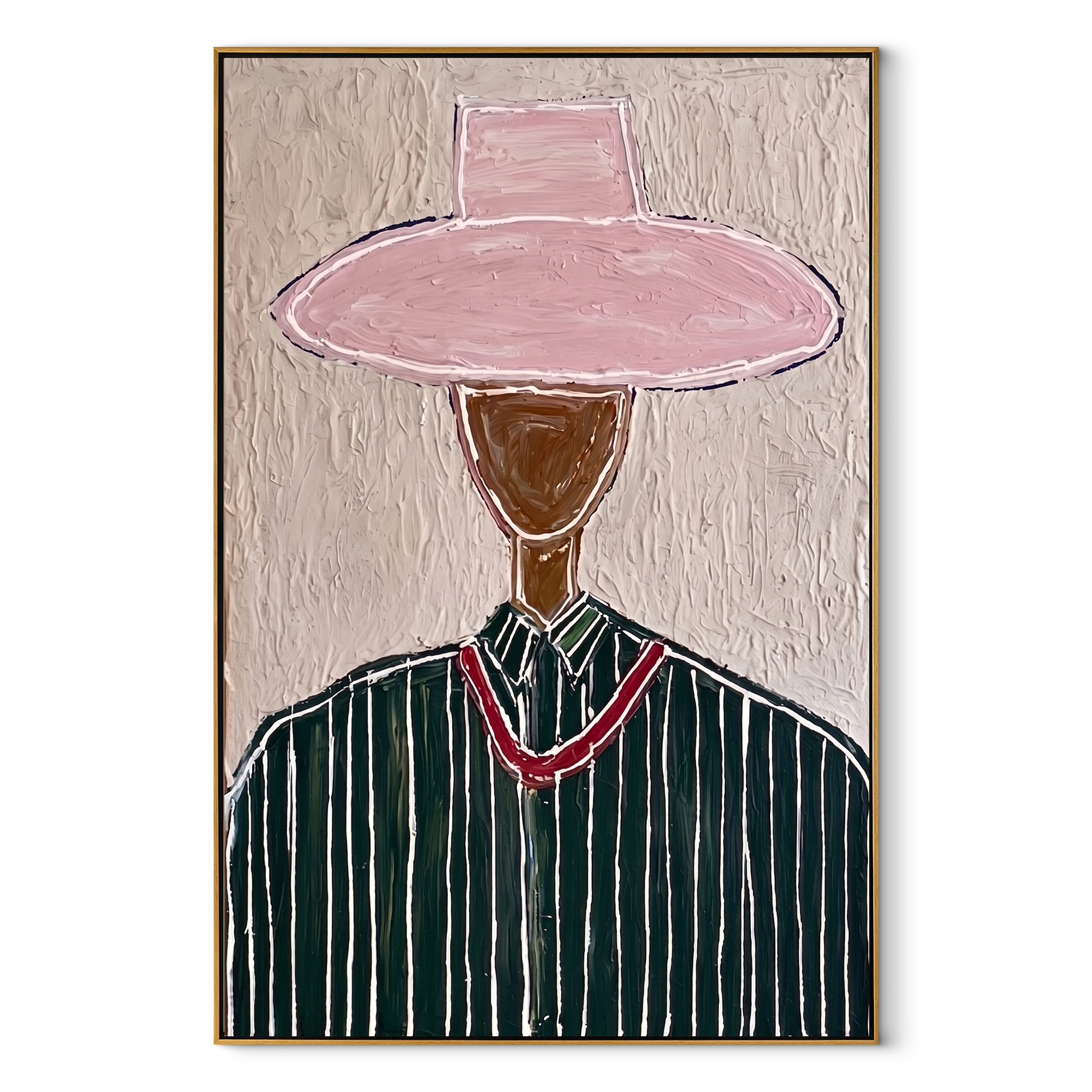 Rose Brim Guards Forest - green pinstripe figure painting by Elliot Vale, modern figurative vertical wall art - wood frame on white background