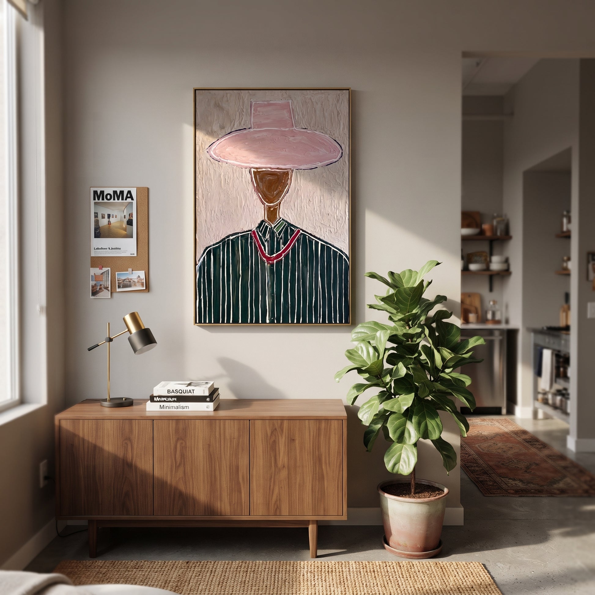 Rose Brim Guards Forest - green pinstripe figure painting by Elliot Vale, modern figurative vertical wall art - styled room scene view 2