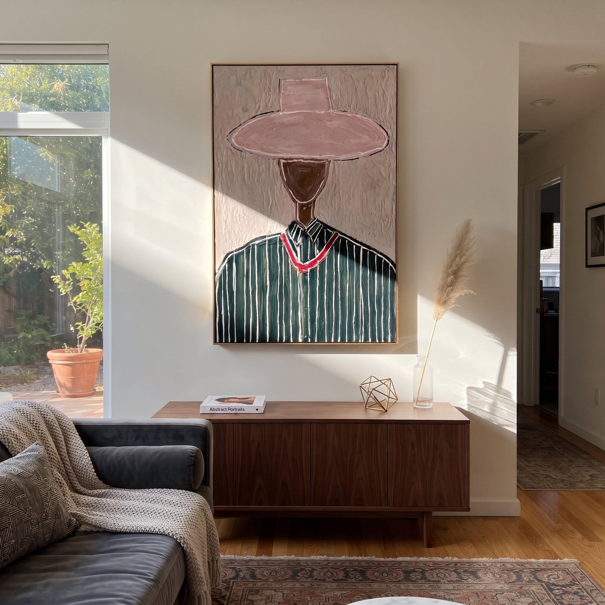 Rose Brim Guards Forest - green pinstripe figure painting by Elliot Vale, modern figurative vertical wall art - styled room scene view 3