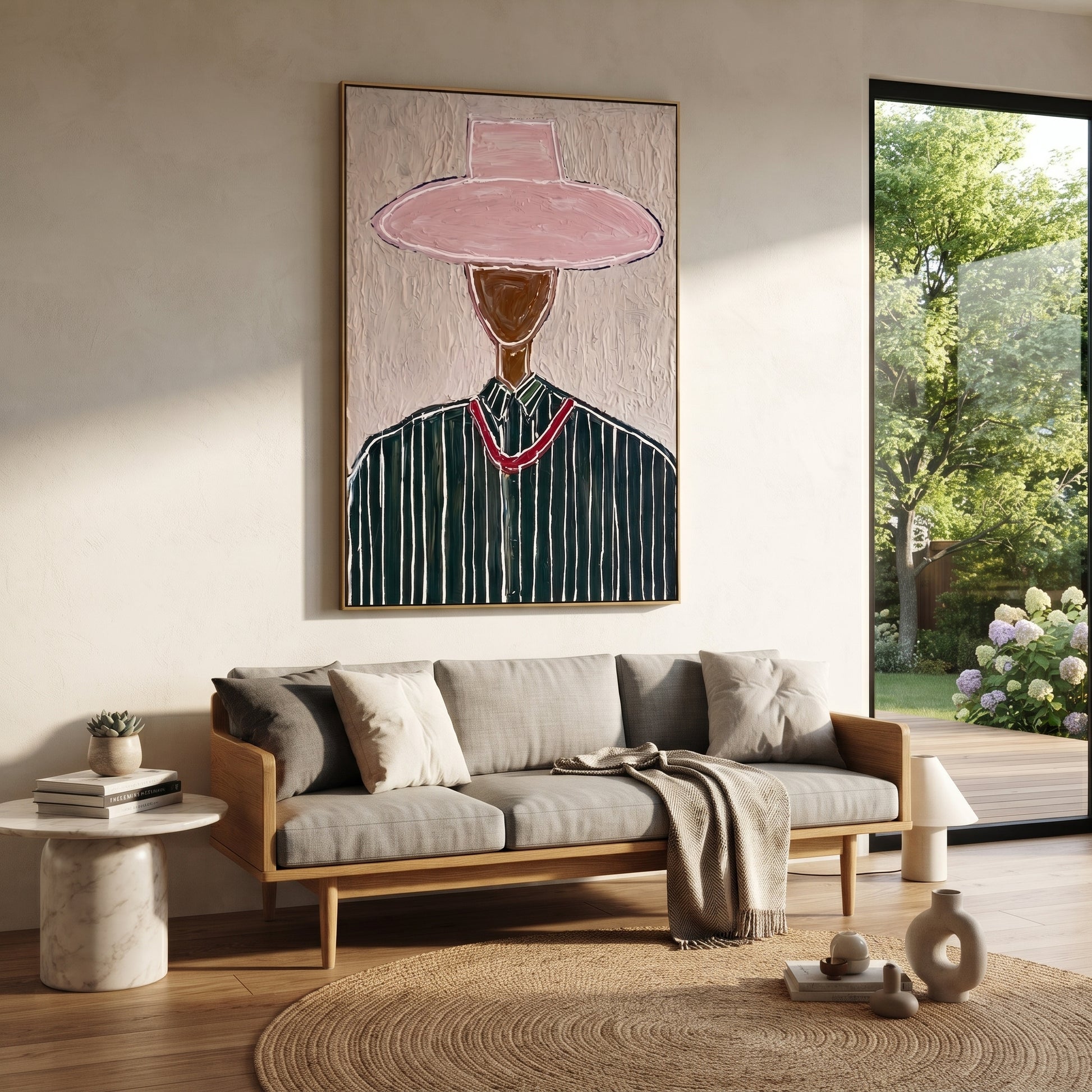 Rose Brim Guards Forest - green pinstripe figure painting by Elliot Vale, modern figurative vertical wall art - styled room scene view 4