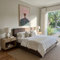 Rose Brim Guards Forest - green pinstripe figure painting by Elliot Vale, modern figurative vertical wall art - styled room scene view 5