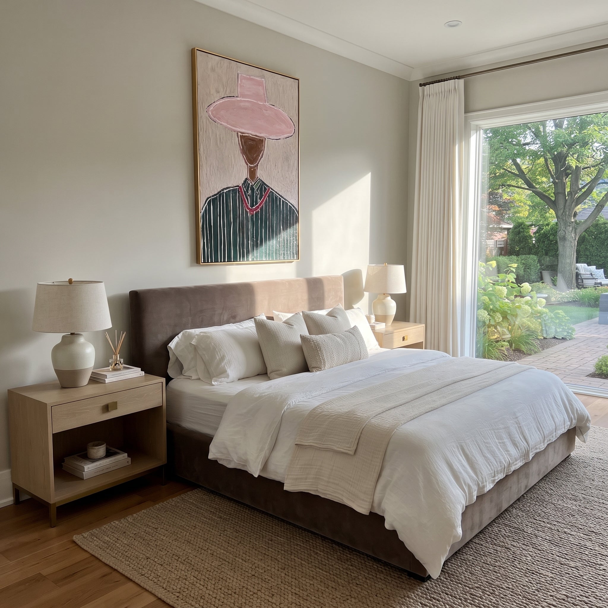 Rose Brim Guards Forest - green pinstripe figure painting by Elliot Vale, modern figurative vertical wall art - styled room scene view 5