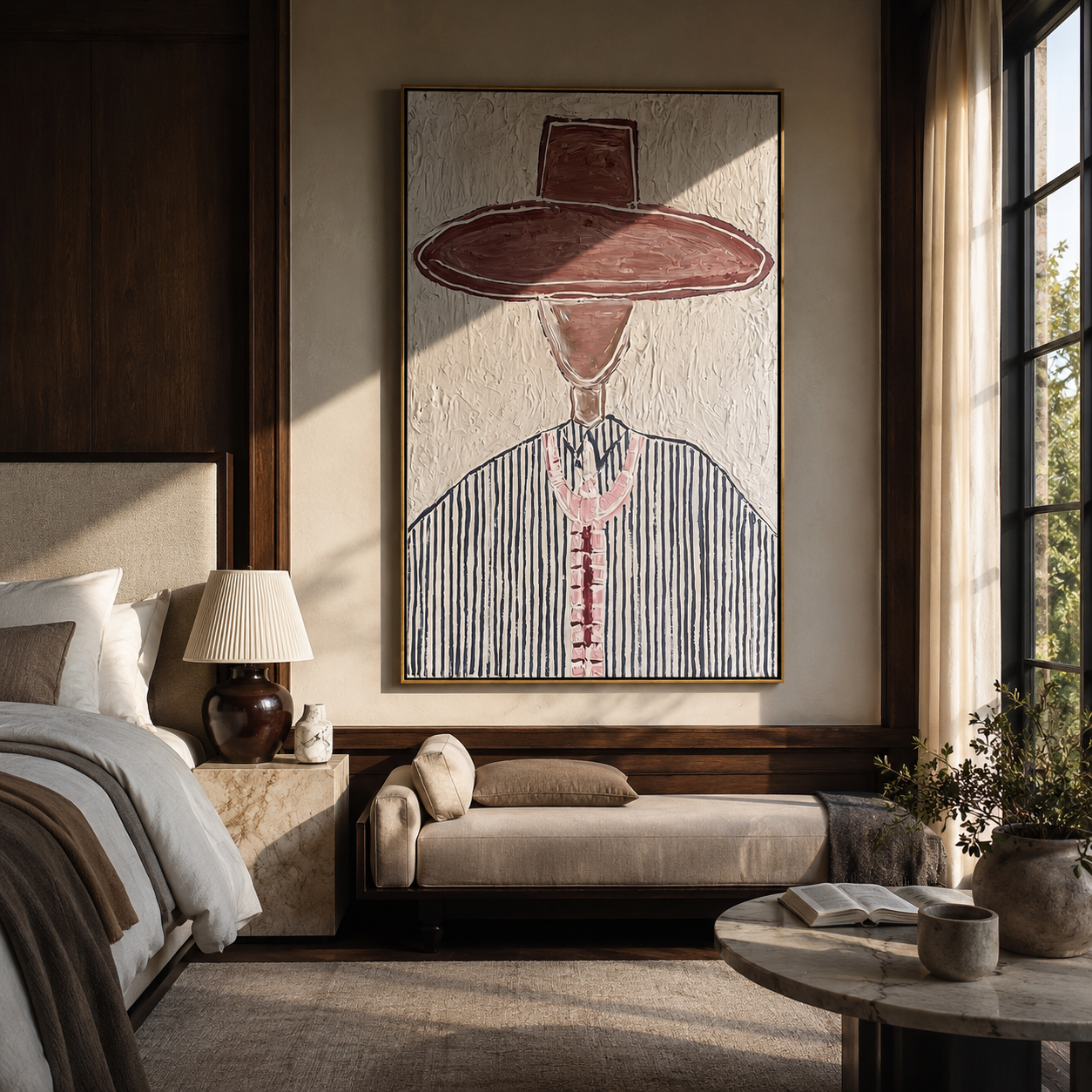 Brown Brim Marks Blue - blue pinstripe western painting by Elliot Vale, modern figurative vertical wall art - styled room scene view 1