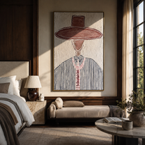 Brown Brim Marks Blue - blue pinstripe western painting by Elliot Vale, modern figurative vertical wall art - styled room scene view 1