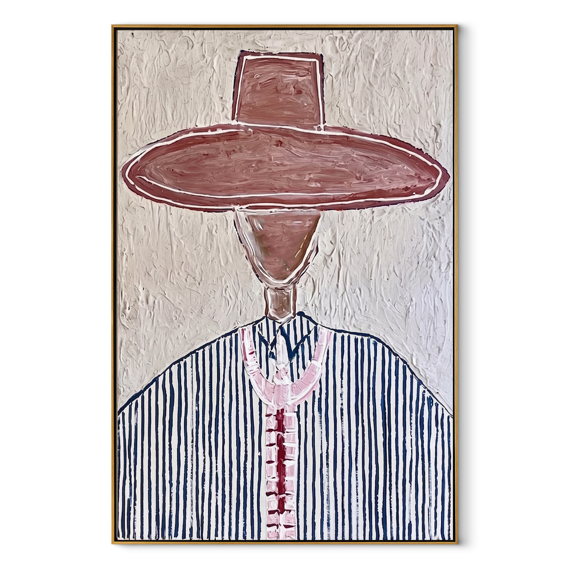 Brown Brim Marks Blue - blue pinstripe western painting by Elliot Vale, modern figurative vertical wall art - wood frame on white background