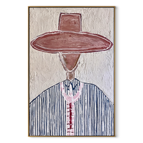 Brown Brim Marks Blue - blue pinstripe western painting by Elliot Vale, modern figurative vertical wall art - wood frame on white background