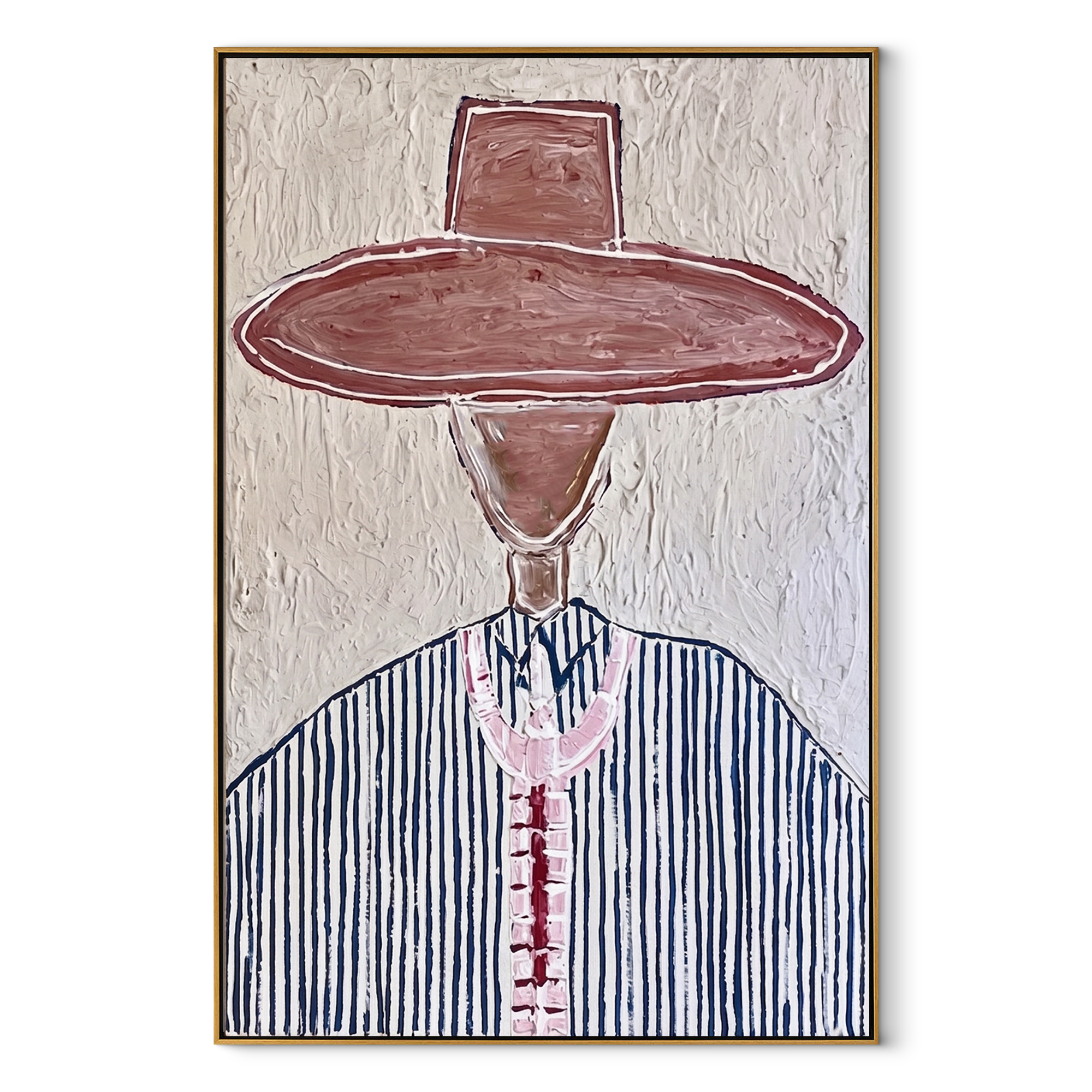 Brown Brim Marks Blue - blue pinstripe western painting by Elliot Vale, modern figurative vertical wall art - wood frame on white background