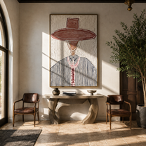 Brown Brim Marks Blue - blue pinstripe western painting by Elliot Vale, modern figurative vertical wall art - styled room scene view 2
