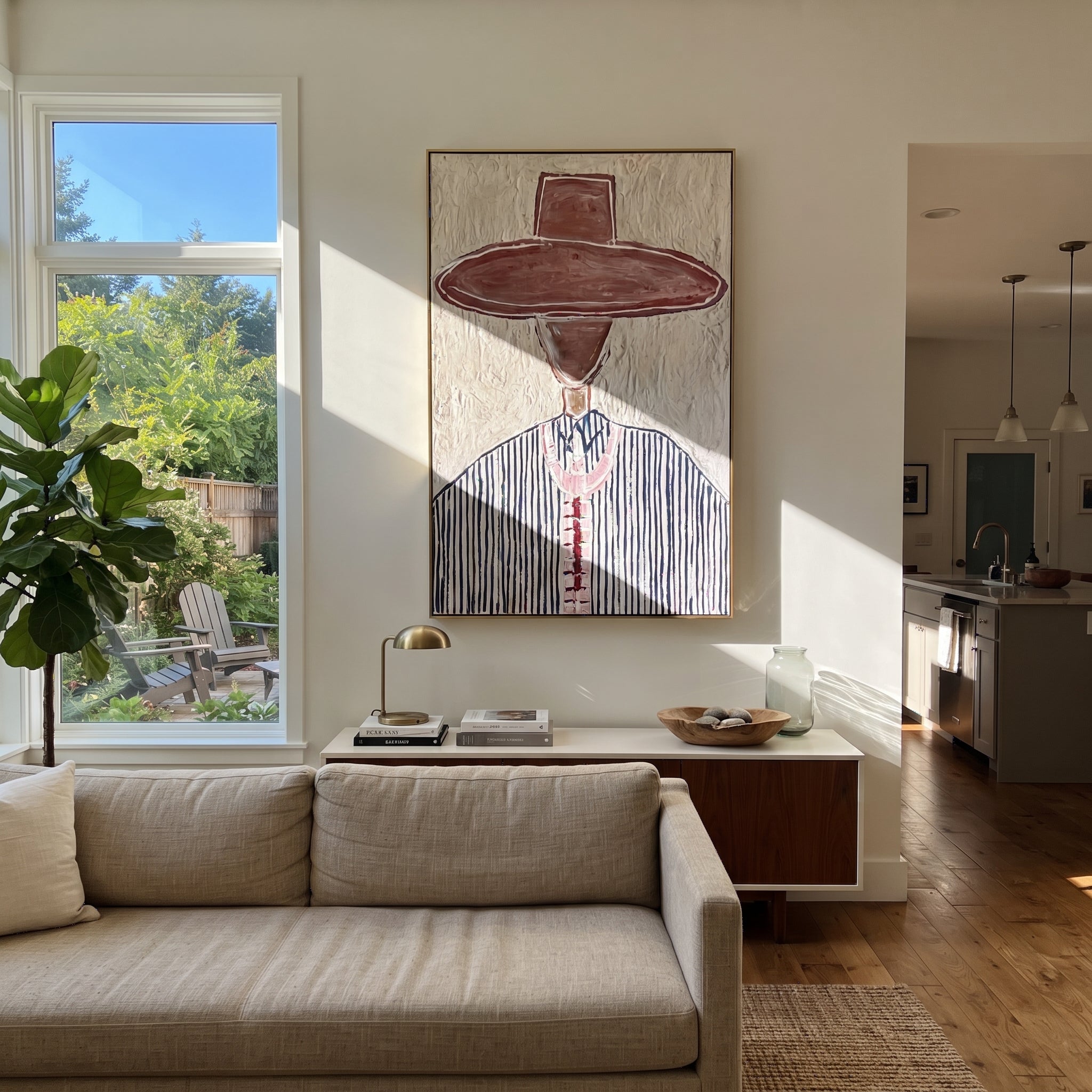 Brown Brim Marks Blue - blue pinstripe western painting by Elliot Vale, modern figurative vertical wall art - styled room scene view 3