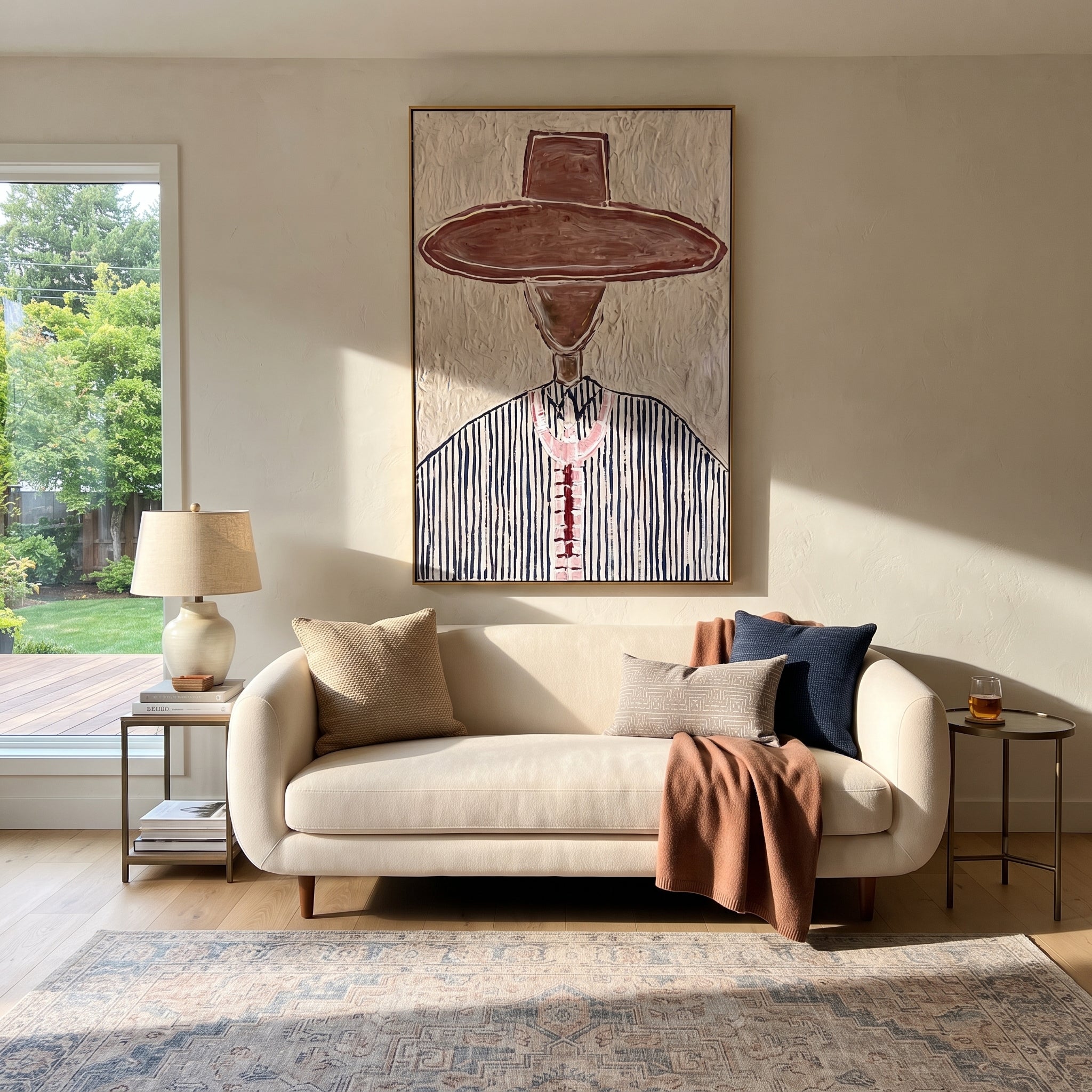 Brown Brim Marks Blue - blue pinstripe western painting by Elliot Vale, modern figurative vertical wall art - styled room scene view 4