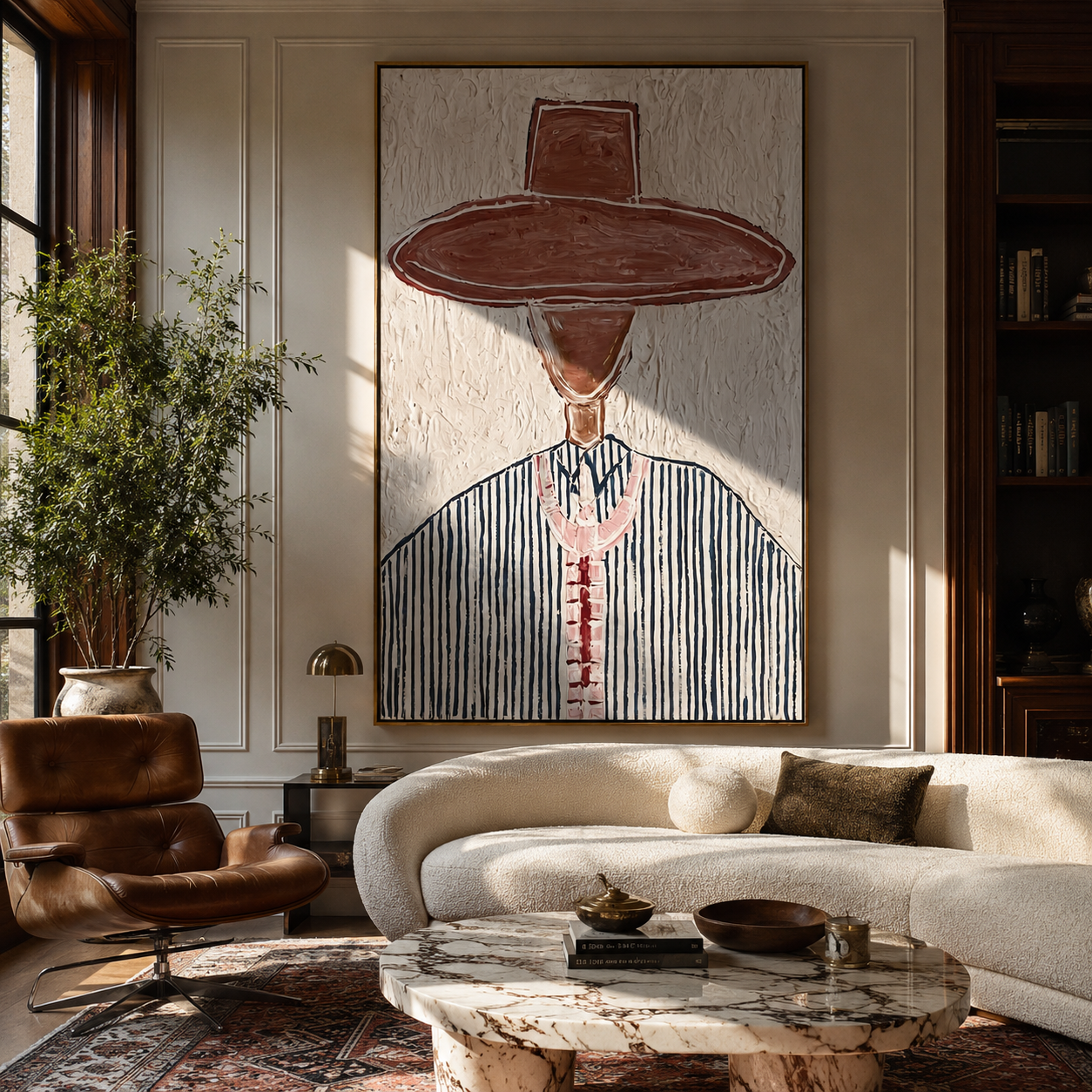 Brown Brim Marks Blue - blue pinstripe western painting by Elliot Vale, modern figurative vertical wall art - styled room scene view 5