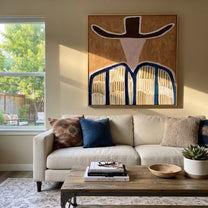 Brown Wings Shade Pink - blue striped western figure painting by Elliot Vale, modern figurative square wall art - styled room scene view 1