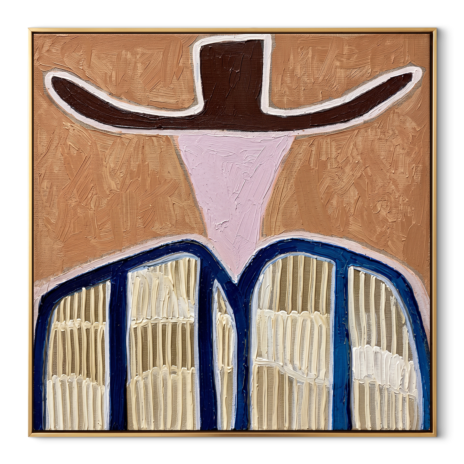 Brown Wings Shade Pink - blue striped western figure painting by Elliot Vale, modern figurative square wall art - wood frame on white background