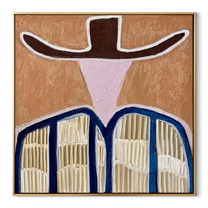 Brown Wings Shade Pink - blue striped western figure painting by Elliot Vale, modern figurative square wall art - wood frame on white background