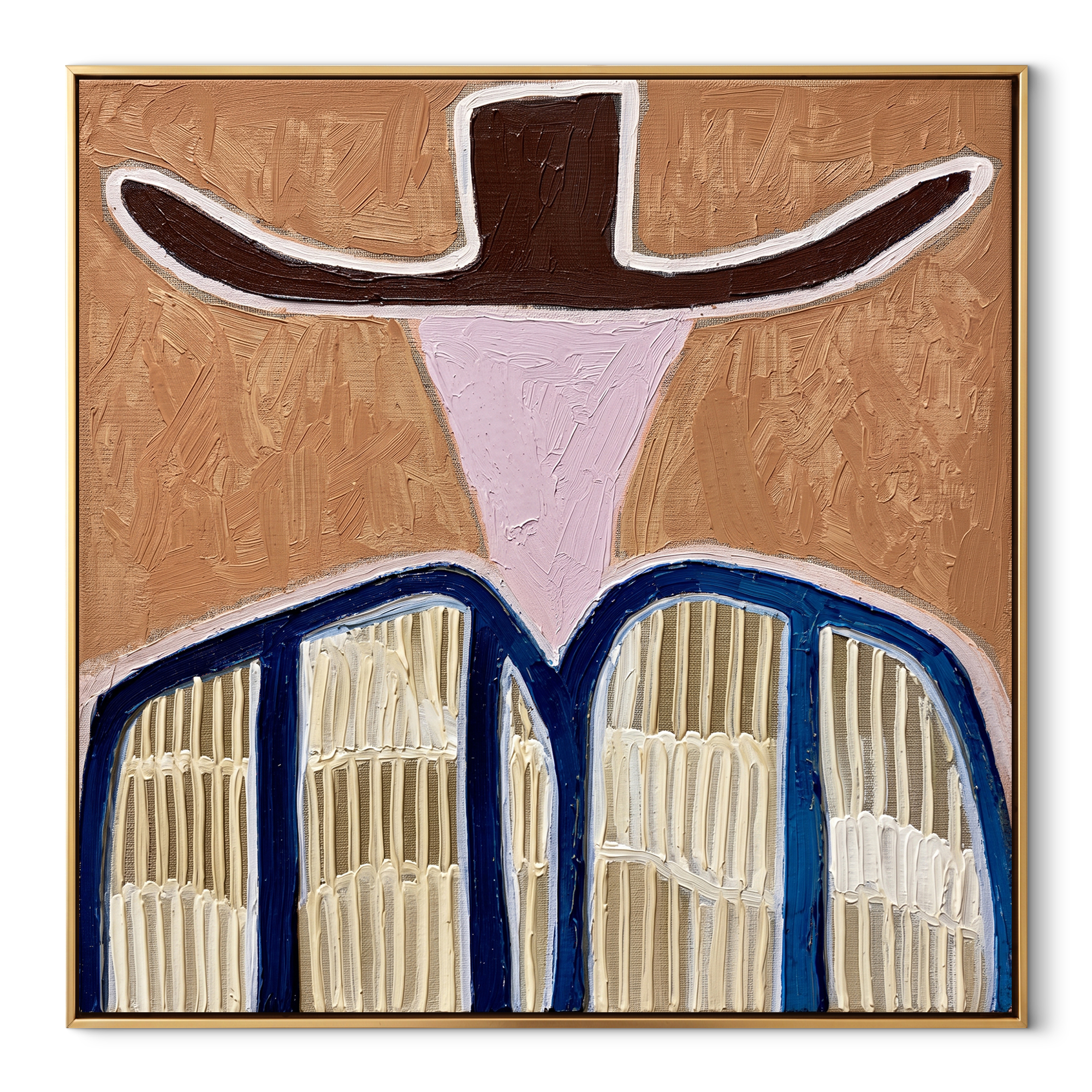 Brown Wings Shade Pink - blue striped western figure painting by Elliot Vale, modern figurative square wall art - wood frame on white background