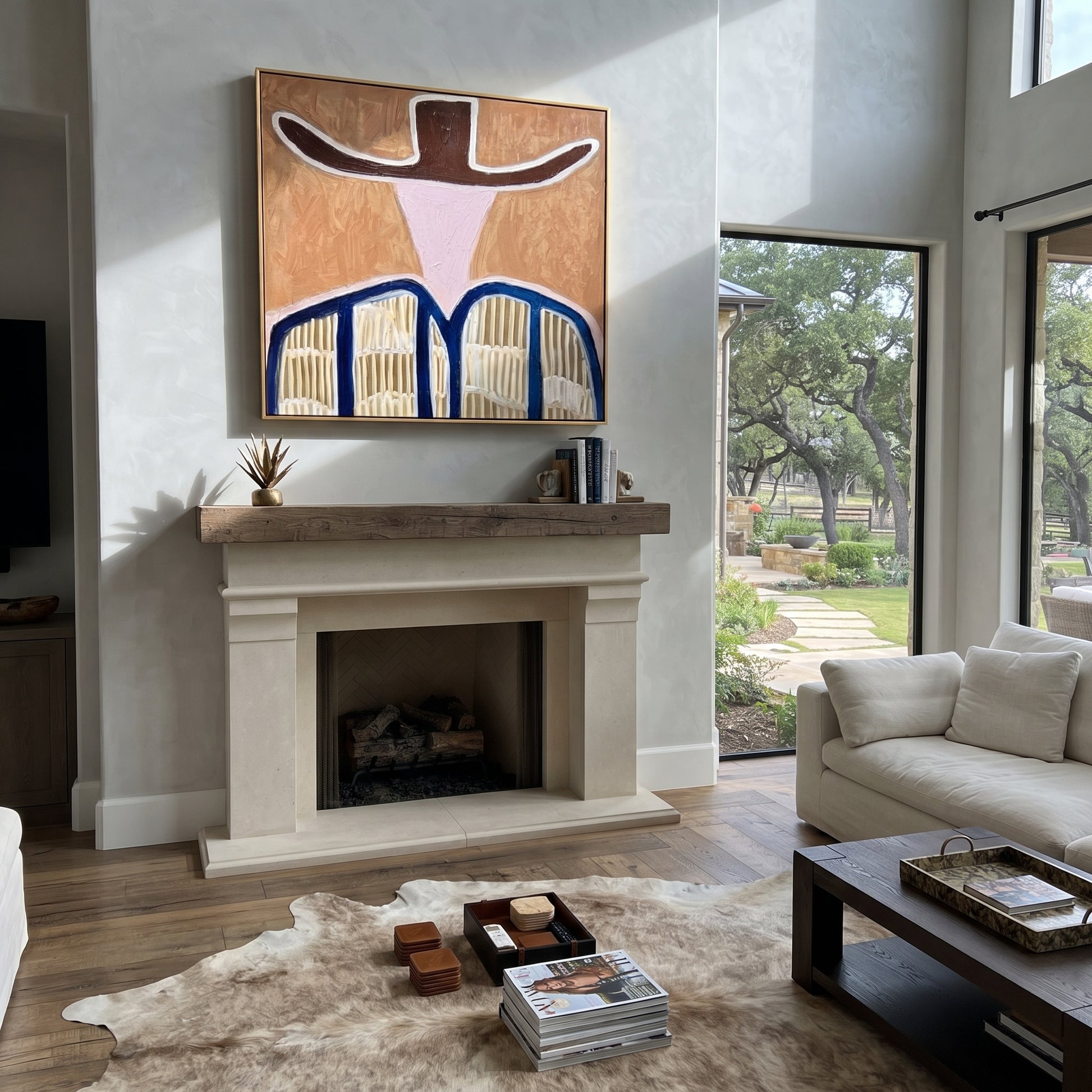 Brown Wings Shade Pink - blue striped western figure painting by Elliot Vale, modern figurative square wall art - styled room scene view 2