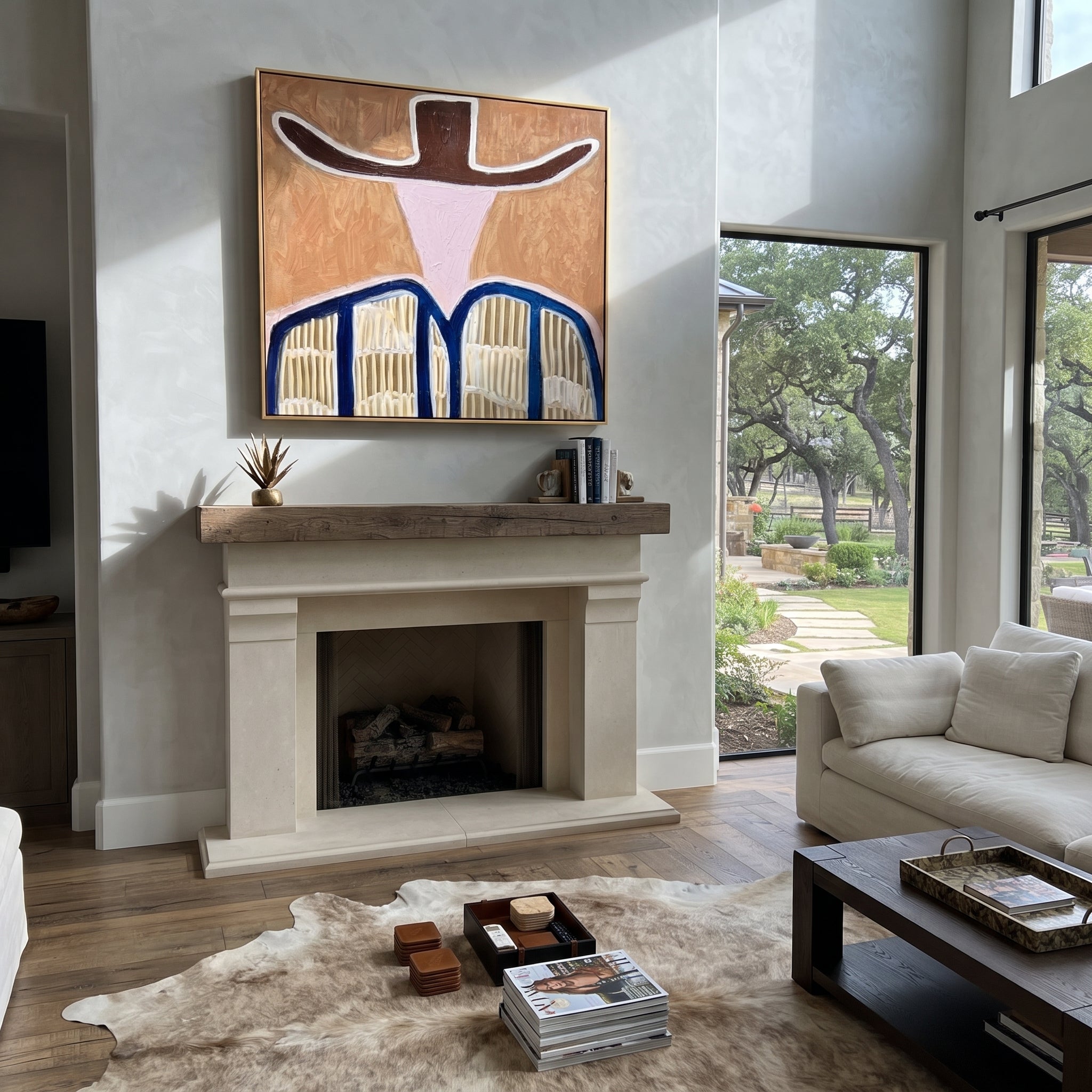 Brown Wings Shade Pink - blue striped western figure painting by Elliot Vale, modern figurative square wall art - styled room scene view 2