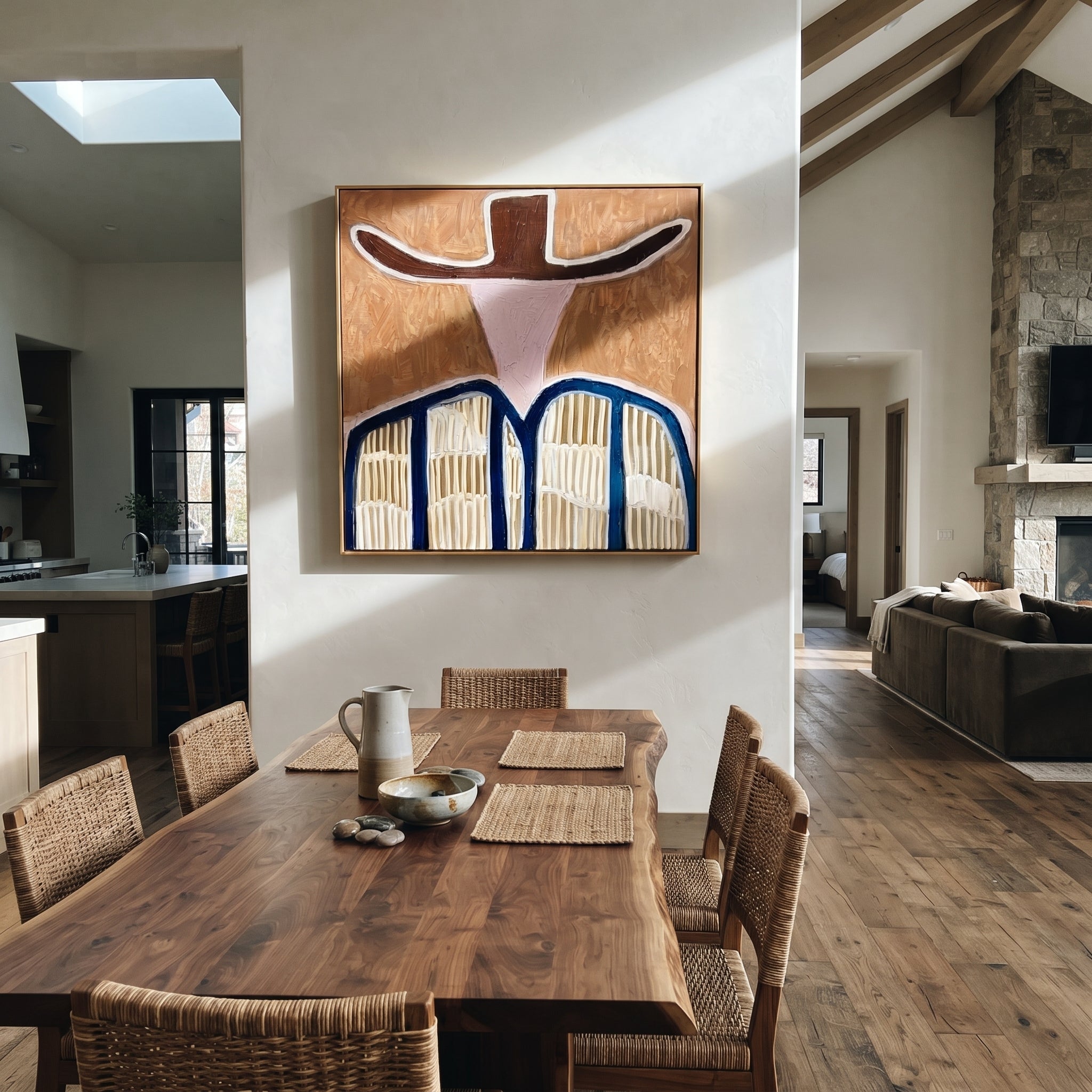 Brown Wings Shade Pink - blue striped western figure painting by Elliot Vale, modern figurative square wall art - styled room scene view 3