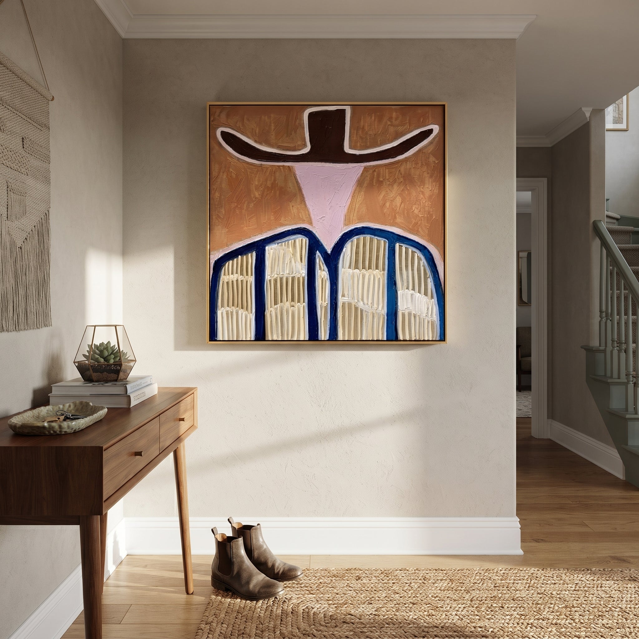 Brown Wings Shade Pink - blue striped western figure painting by Elliot Vale, modern figurative square wall art - styled room scene view 4