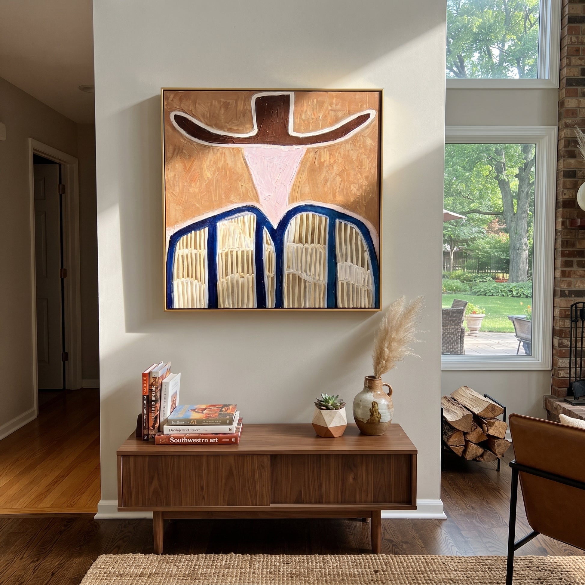 Brown Wings Shade Pink - blue striped western figure painting by Elliot Vale, modern figurative square wall art - styled room scene view 5