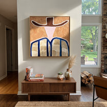 Brown Wings Shade Pink - blue striped western figure painting by Elliot Vale, modern figurative square wall art - styled room scene view 5