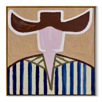 Dark Brim Frames Blush - blue striped hat figure painting by Elliot Vale, modern figurative square wall art - wood frame on white background