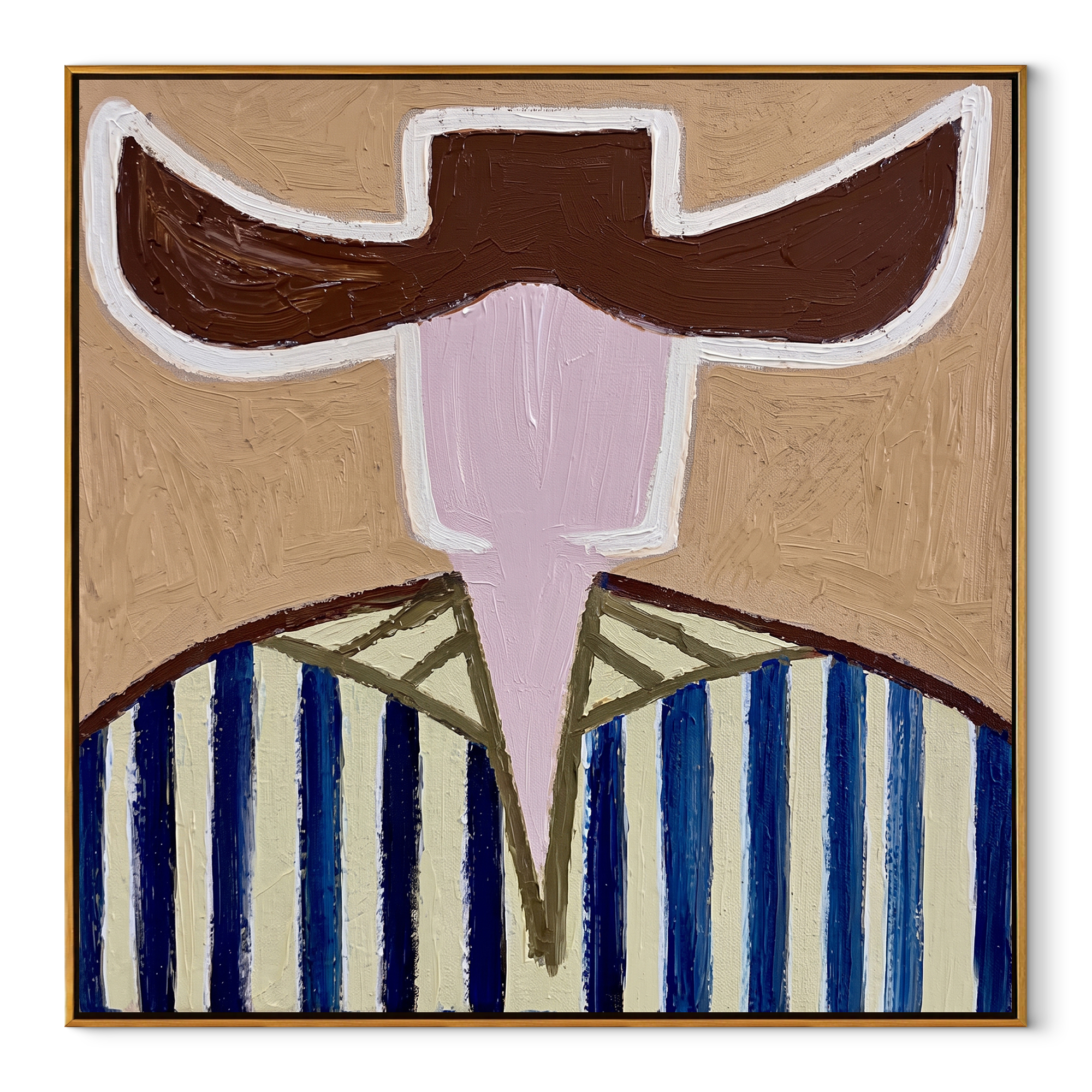 Dark Brim Frames Blush - blue striped hat figure painting by Elliot Vale, modern figurative square wall art - wood frame on white background