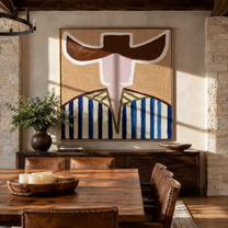Dark Brim Frames Blush - blue striped hat figure painting by Elliot Vale, modern figurative square wall art - styled room scene view 2