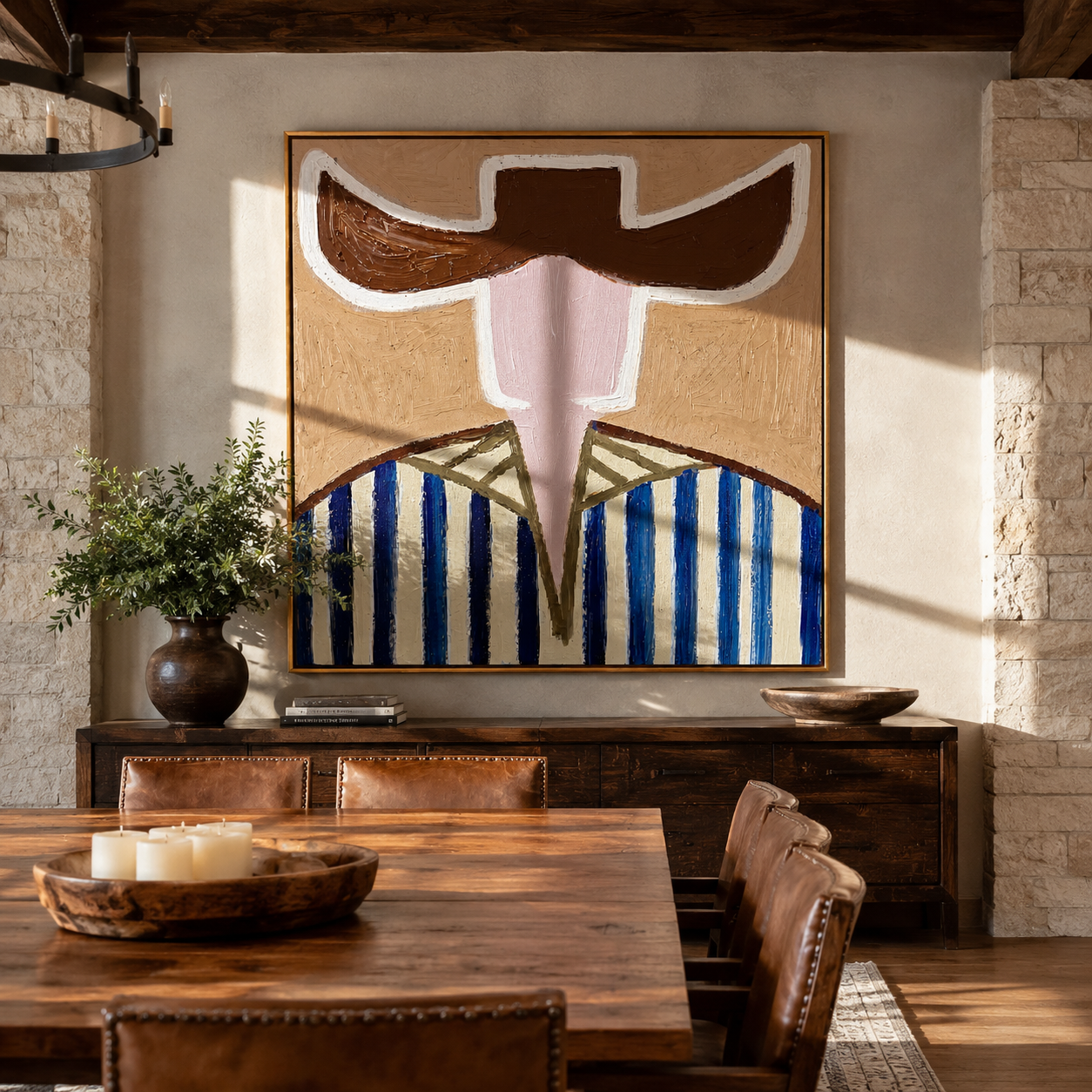 Dark Brim Frames Blush - blue striped hat figure painting by Elliot Vale, modern figurative square wall art - styled room scene view 2