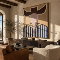 Dark Brim Frames Blush - blue striped hat figure painting by Elliot Vale, modern figurative square wall art - styled room scene view 3