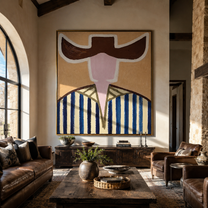 Dark Brim Frames Blush - blue striped hat figure painting by Elliot Vale, modern figurative square wall art - styled room scene view 4