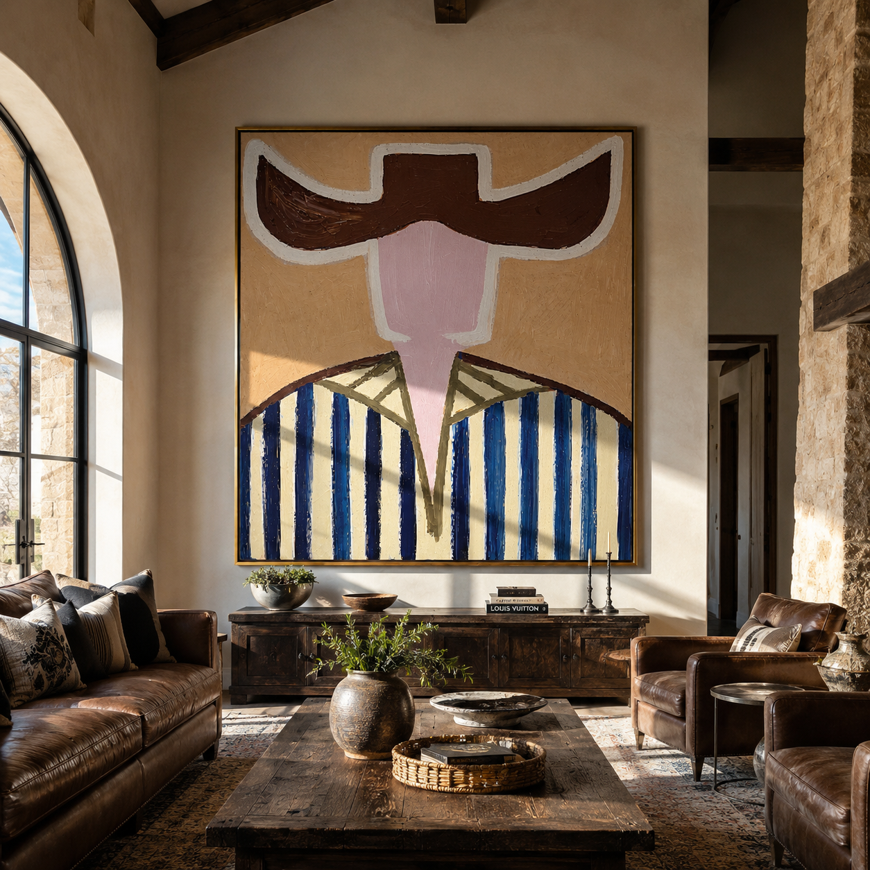 Dark Brim Frames Blush - blue striped hat figure painting by Elliot Vale, modern figurative square wall art - styled room scene view 4