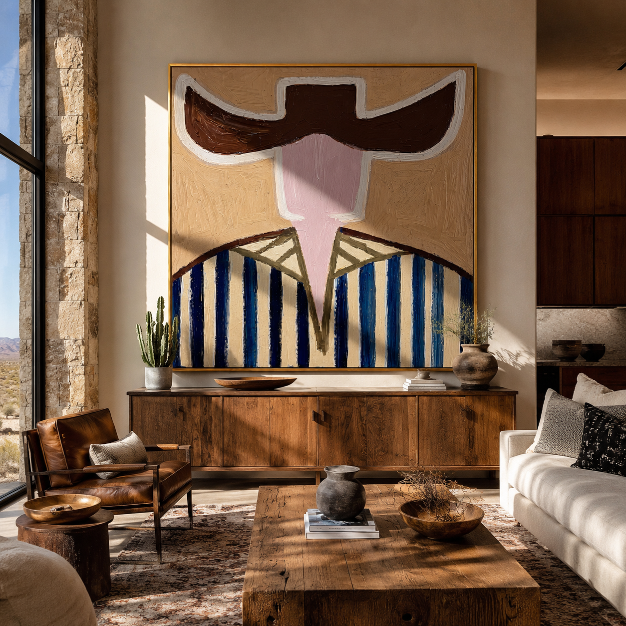 Dark Brim Frames Blush - blue striped hat figure painting by Elliot Vale, modern figurative square wall art - styled room scene view 5