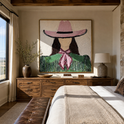 Pink Hat Ties Green - green cowgirl portrait painting by Elliot Vale, modern figurative square wall art - styled room scene view 1