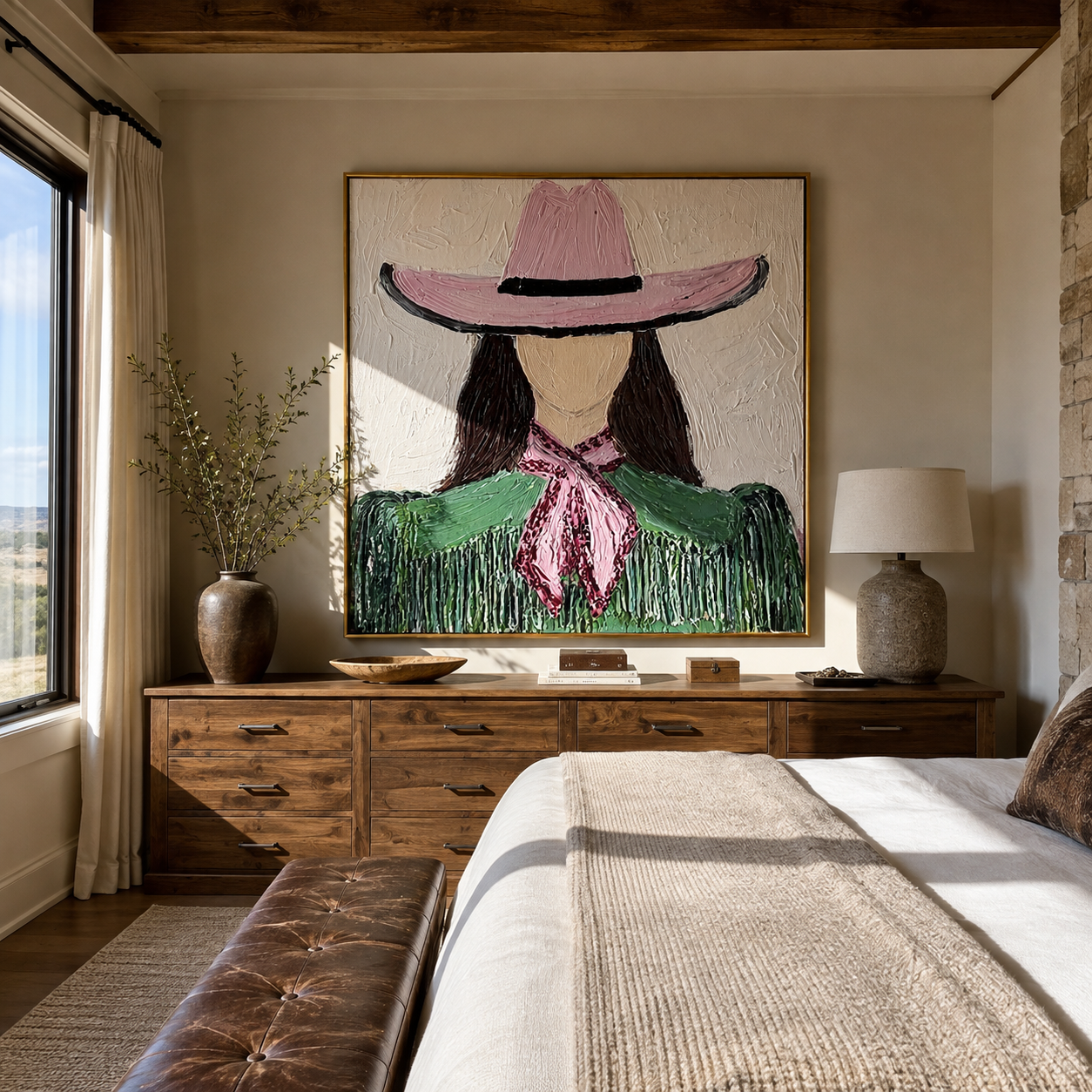 Pink Hat Ties Green - green cowgirl portrait painting by Elliot Vale, modern figurative square wall art - styled room scene view 1