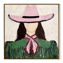 Pink Hat Ties Green - green cowgirl portrait painting by Elliot Vale, modern figurative square wall art - wood frame on white background